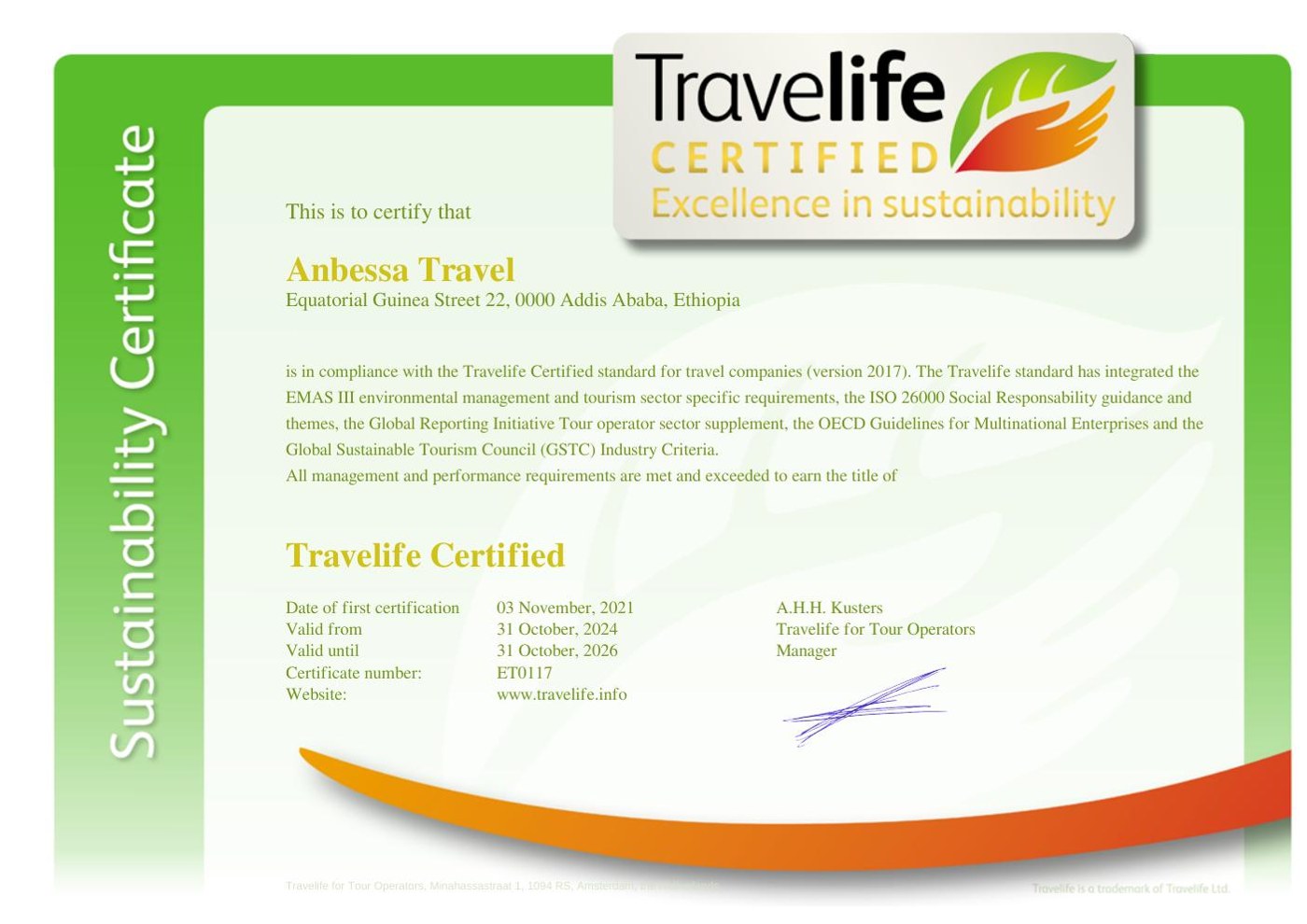 Travelife Certified sustainability certificate awarded to Anbessa Travel